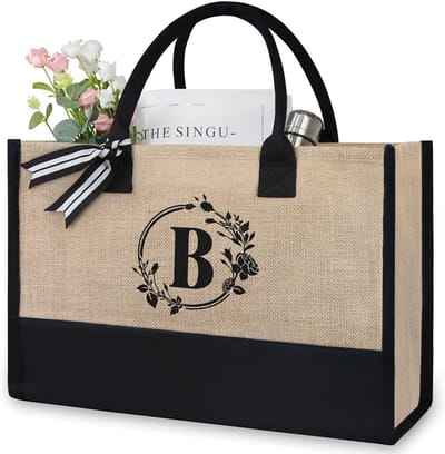 HAUSS SPOLE Dames Handtas - Schoudertas - Linnen Shopper Voor Dagelijks Gebruik - met letter B - Grote strandtas - 42x17x30cm - Leerlook Beige