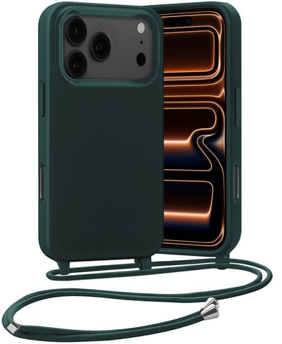 Hoesje Geschikt voor iPhone 17 Pro / 18 Pro Hoes Met Telefoonketting - Backcover Geschikt voor iPhone 17 Pro / 18 Pro Case Met Koord - Donkergroen