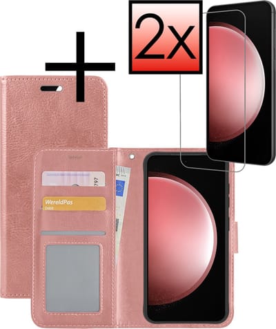 Hoesje - Met 2x Screenprotector - Geschikt voor Samsung Galaxy S23 FE - Luxe Pasjeshouder - Bookcase Portemonee - Flip Case - Kunstleer Book Case - Flipcase Hoes - Book Cover - Walletcase - Portemonneehoes - Rosé goud