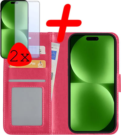 Hoesje Met 2x Screenprotector - Geschikt voor Apple iPhone 15 - Luxe Pasjeshouder - Bookcase Portemonee - Flip Case - Kunstleer Book Case - Flipcase Hoes - Book Cover - Walletcase - Portemonneehoes - Donkerroze
