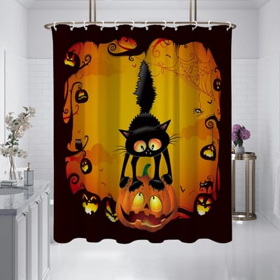 1 stuk 180x180cm oranje pompoen zwarte kat print Halloween douchegordijn scheidingswand badkamer waterdicht en schimmelbestendig 180x180cm orange
