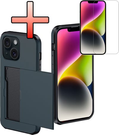 Hoes Geschikt voor iPhone 14 Hoesje Pasjeshouder Hard Cover Met Screenprotector Shock Proof Hard Case Hoes Met Kaarthouder - Donkerblauw
