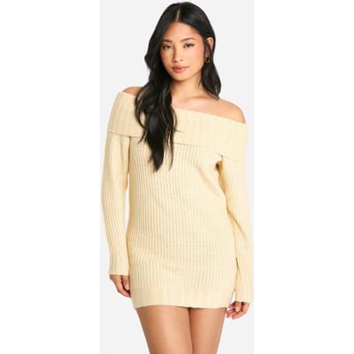 boohoo Dames Petite Wide Rib Bardot Halslijn Mini Jumper Jurk | Steen | Maat: Small