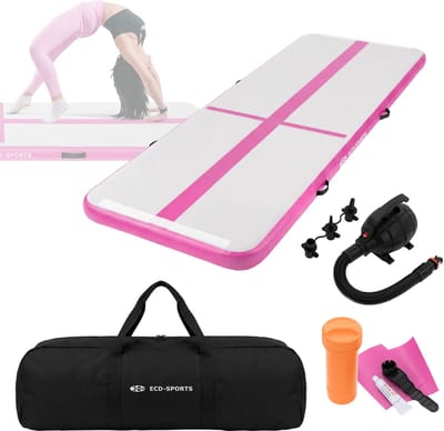ECD Germany airtrack opblaasbare gymnastiekmat 3m roze 10cm dik turnmat tumbling fitness yoga inclusief elektrische luchtpomp draagtas antislip duurzaam binnen buiten trainingsmat yogamat sportmat pilatesmat gymnastiekbaan cheerleading airtrack