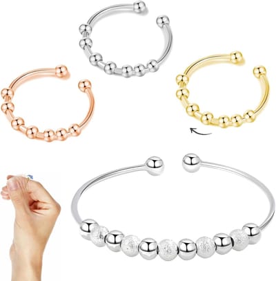 angstverlichtende ring met kralen – set van 4 stuks – zilver, goud, roségoud – verstelbare anti-stressring – sensorisch speelgoed voor volwassenen en tieners – uniseks design voor dagelijks