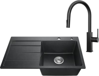 SOFETIY MAX Granieten Spoelbak 78x45CM - Spoelbakken Keuken Met Uittrekbare Uitloop Keukenkraan Zwart - Spoelbak Met Planchet en Afdruiprek - Spoelbakken Incl. Sifon en Afvoerzeefje