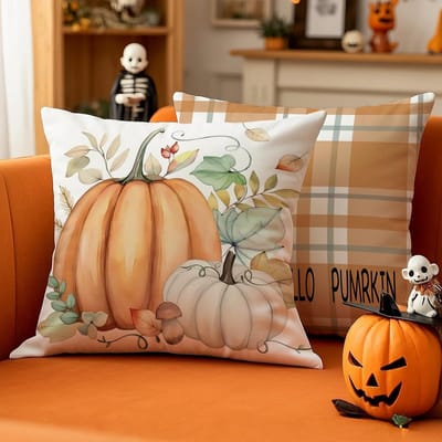 Dailygoods- Kussenhoezen set van 2 - Fluwelen Kussenslopen 45 x 45 cm - Decoratieve Kussens - Herfst Pompoenen - Onderhoudsvriendelijk Design