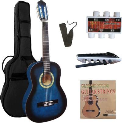 MSA J2 blauwe 1/2 kindergitaar (voor 4-8jr) met starterset (tas, band, reservesnaren, capo en stemfluitje) klassieke gitaar