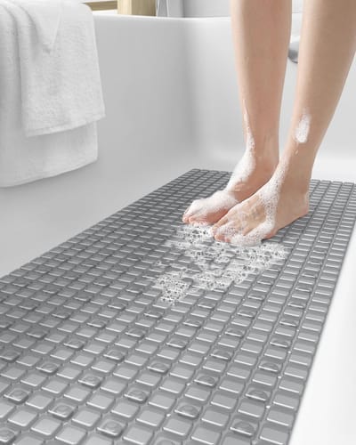 Antislip Badmat voor Douche en Bad, BPA-vrij en Latexvrij, Wasbaar, Extra Lang met Zuignappen en Afvoergaten - 16 x 39 inch, Helder Grijs
