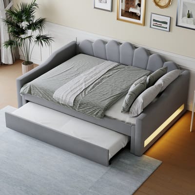 MIVRAY Gestoffeerd Daybed 140x200 cm - Met Instelbare Ledverlichting En Uitschuifbed - Zonder Matras - Linnen - Grijs
