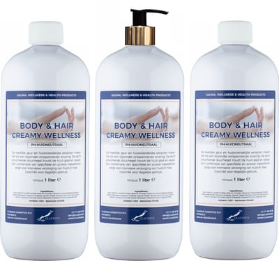 Body & Hair Creamy Wellness 1 liter met gouden pomp - set van 3 stuks - 2 in 1 voor lichaam en haar - voordeelverpakking