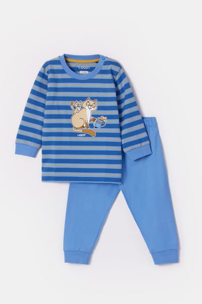Woody pyjama baby jongens - blauw/geel gestreept - kat - 252-10-PLC-S/910 - maat 68