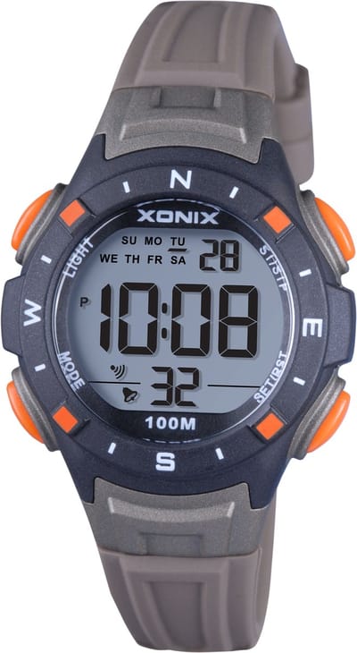 Xonix IB-A05 - Horloge - Polshorloge - Digitaal - Kinderen - Unisex - Rond - Siliconen band - ABS - Cijfers - Achtergrondverlichting - Datumaanduiding - Alarm - Start-Stop - 12/24u - Tweede tijdzone - Waterdicht - Bruin - Zwart - Grijs -Oranje