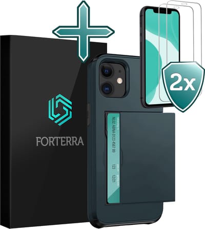 Hoesje Geschikt voor iPhone 11 Pashouder Hard Case Hoes Met 2x Screenprotector - Hoes Geschikt voor iPhone 11 Hoesje Back Cover Met Pasjeshouder - Donkerblauw