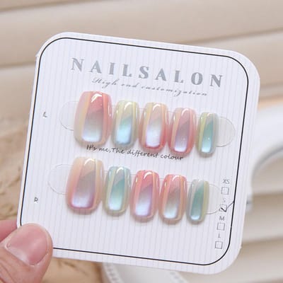 10 stuks korte snoepkleur regenboogverloop kattenoog nepnagels vierkante kop meisje dame druk op nagel draagbaar afneembare nageltips M