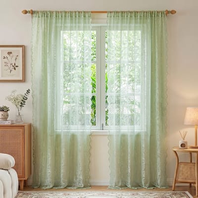 MUPOO Vitrages Kant en Klaar - Mintgroene Kanten Vitrage Gordijnen met Bloemenmotief - Lichtdoorlatend &Luchtig -Voile Gordijnen met Tunnelzoom voor Slaapkamer/Woonkamer - 140 x 215 cm-2 stuks