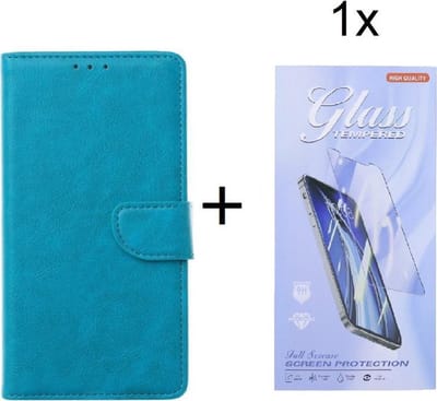 Bookcase Geschikt voor: Oppo Find X3 Lite - Turquoise - portemonnee hoesje met 1 stuk Glas Screen protector
