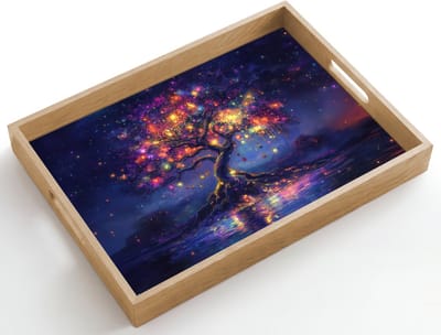 Dienblad hout 50x35 cm - Schootdienblad - Kosmisch - lichtboom - Kerst - Kleurrijk - Borrelplank rechthoek - Plateau dienbladen