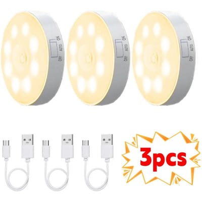 2/3/4/5pcs Motion Sensor LED Night Light USB Rechargeable Night Lamp for Kitchen Cabinet Wardrobe Lamp Staircase Wireless Closet Light Warm light-3PCS