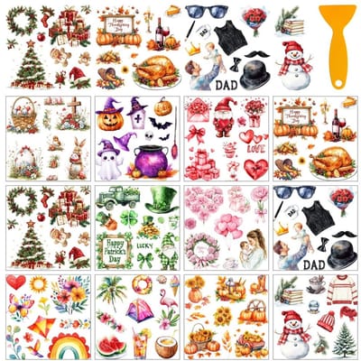 Dailygoods- Transferstickers 12 Vellen - Feestdagen Stickers - Kerstmis/Halloween - Raamdecoratie - 5,5 x 5,5 cm - Inclusief Schraper