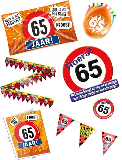 65 jaar verjaardag versiering pakket – vlag - gevelvlag – ballon – paperdreams