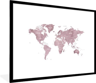 Poster in lijst - Fotolijst 80x60 cm - Posters - Wereldkaart - Roze - Design - Posterlijst zwart - Decoratie - Wanddecoratie woonkamer - Muurdecoratie slaapkamer