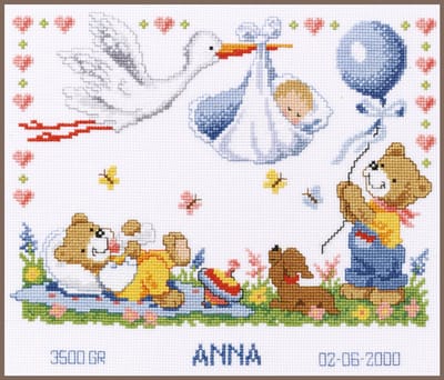 Vervaco - Telpakket kit - Geboorte - Ooievaar brengt baby - PN-0011996 - Borduren - Borduurpakket - Borduurpakket geboorte - Borduurpakket volwassenen