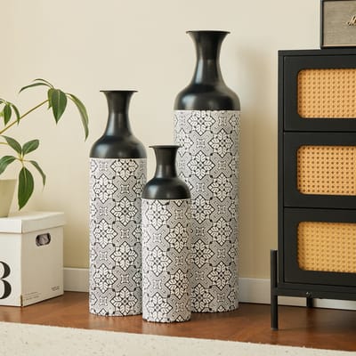3-delige metalen bloemenvaas set – hoge decoratieve vazen (83/66/50 cm) – zwart – voor woonkamer, hal en kantoor