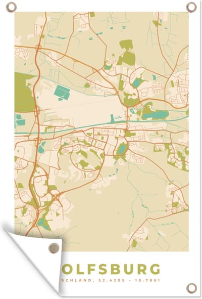 Muurdecoratie Wolfsburg - Vintage - Kaart - Plattegrond - Stadskaart - 120x180 cm - Tuinposter - Tuindoek