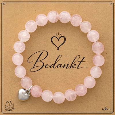 Bixorp Rozenkwarts Armband op Cadeau Kaartje - Bedankt - Met Hartje Hanger - 8mm / 18cm Edelsteen Kralenarmband - Inclusief Cadeau Envelop