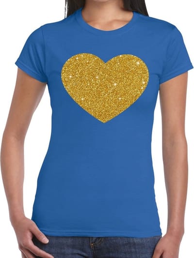 Bellatio Decorations Glitter en Glamour t-shirt - blauw - dames - Gouden hartjes print in glitter XS