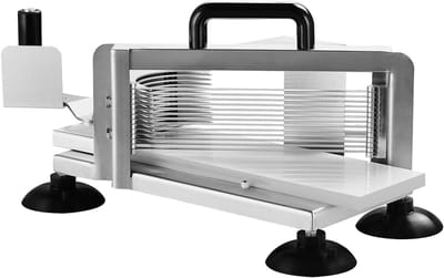 Tomatensnijder – Groentesnijder – Fruitsnijder – Snijmachine – Handmatige snijmachine – RVS Metalen Behuizing – 3 Dikte Instellingen 3/16" 1/4" 3/8" – Anti-slip Zuignappen Voor Stabiliteit