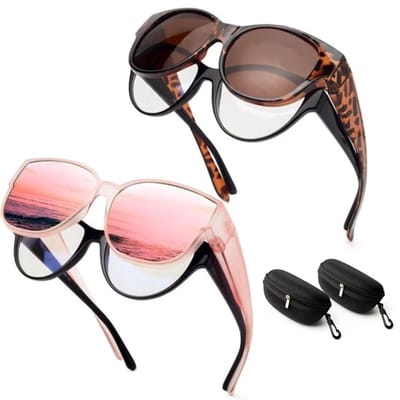 Overzet zonnebril voor brildragers - 2 stuks - Overzetzonnebrillen - Polarized - met 2 beschermhoesje - UV-bescherming - ultralichte clip-on - voor Dames - Trendy Vierkant Montuur - 145mm Groot montuur （roze & Luipaardprint ）