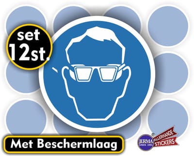 Jerma - Veiligheidsbril verplicht - Sticker - 12 stuks - 4.5 cm - Zelfklevend - Weerbestendig - Vinyl