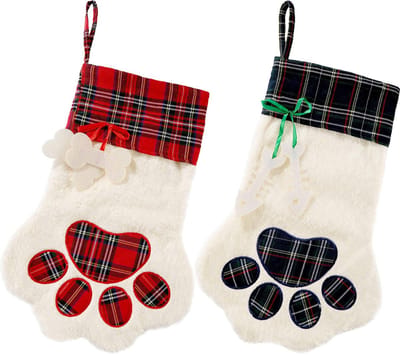 2stuks - Kerstversieringen - Kerstsokken - Kerstboomversieringen - Hondenpootafdrukken en ruitjespatroon - Kerstsokken voor bij de open haard - Geschikt voor Kerstmis - Cadeauzakjes met huisdierenthema - 45 cm - Rood en groen kleurenschema
