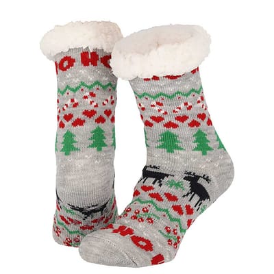 Morethansocks - Huissokken kerst dames - One size - Grey - Fluffy sokken kerst - anti slip sokken kerst - Huissloffen kerst - kerstsokken dames