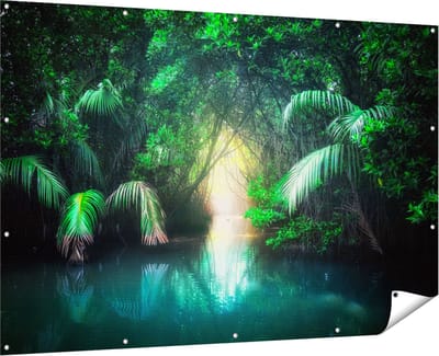 Gards Tuinposter Tropische Jungle met een Turquoise Meer - 180x120 cm - Tuindoek - Tuindecoratie - Wanddecoratie buiten - Tuinschilderij