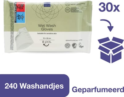 Abena Vochtige Washandjes Wegwerp - Geparfumeerd - 240 Washandjes - Voordeelverpakking 30 x 8 washandjes - Wassen en opfrissen zonder water en zeep - Droogt Snel, geen Handdoek Nodig - Opwarmbaar in de Magnetron - Perfect voor Thuis en Onderweg
