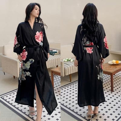 Grote Maten Dames Lange Badjas Nachtkleding Print Bloem Kimono Badjas Gewaad Loungewear Lente Zomer Losse Casual Satijnen Huisjurk One size black