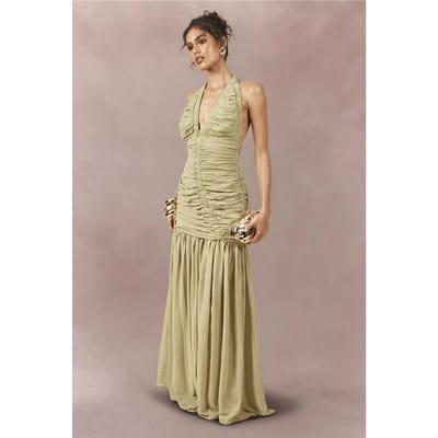 boohoo Dames Chiffon Extreme Geplooid Maxi-jurk Met Diepe Halslijn | Olijf | Maat: 42