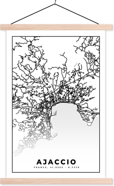 Posterhanger incl. Poster 40x60 cm - Schoolplaat - Kaart - Stadskaart - Ajaccio - Frankrijk - Plattegrond - Zwart wit - Textielposter - Blanke latten - Stadskaart