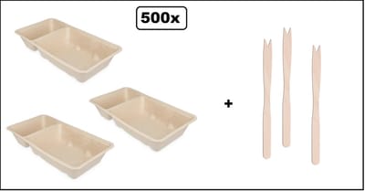 500x Frietbakje A7 met sausvak suikerriet met houten frietvork XL 14cm - friet patat bakje snack next generation carnaval festival thema feest