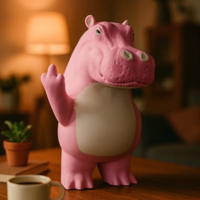 AnimalsAttitude – Kleine Roze Nijlpaard Figurine met Middelvinger – 3D-geprint PLA Beeldje – Playful Interior Ornament