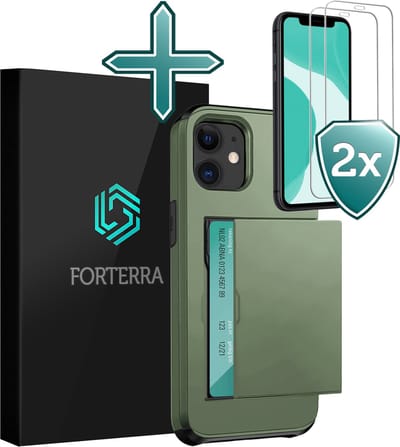 Hoesje Geschikt voor iPhone 11 Pashouder Hard Case Hoes Met 2x Screenprotector - Hoes Geschikt voor iPhone 11 Hoesje Back Cover Met Pasjeshouder - Donkergroen