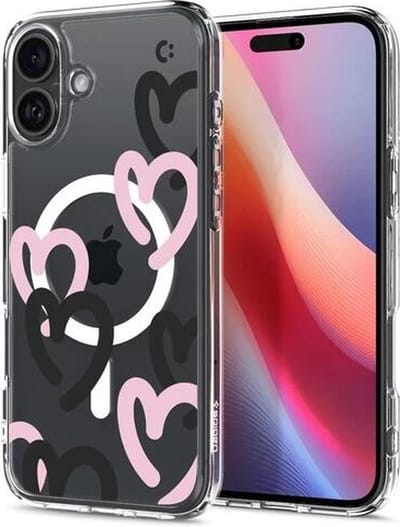 Spigen Ultra Hybrid MagFit - Hoesje Geschikt voor Apple iPhone 16 - Compatibel met MagSafe - Back Cover Hearts Zwart Roze