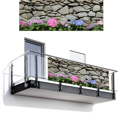 Balkonscherm 300x110 cm - Balkonposter Hortensiaâ€™s - Stenen - Muur - Bloemen - Balkon scherm decoratie - Balkonschermen - Balkondoek zonnescherm