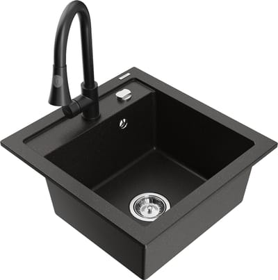 Mexen Vito granieten gootsteen 1-komoers met keukenkraan Elia, zwart/gouden metallic - 6503-75-670101-70