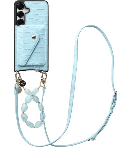 AVY Leren Hoesje geschikt voor Samsung Galaxy S25 / S24 | Met Koord en Kaarthouder | Compatibel met MagSafe | Leather Case met Polsand & Crossbody Koord & Wallet | Rocher Leather Set | Croco Blauw