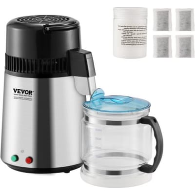 VEVOR Waterdestilleerder Distilleerder, 4 liter Gezuiverd Waterzuiveringsfilter, 750 W Gedistilleerde Watermaker, met Roestvrijstalen Interieur Distilleerder voor Water, Zilver Huishoudelijk 1 liter Water per uur