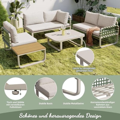Moderne 4-delige Loungeset Tuinset 118x60x85 cm – Rotan Look Balkonset met 2x 2-zits Bank, 1x Fauteuil & Glazen Salontafel – Weerbestendig, Comfortabele Kussens – Laura